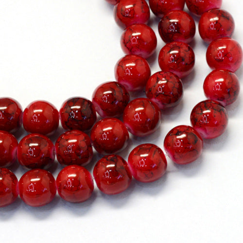 Beads, Glass, Opaque, Mottled, Red, Black, Round, 8.5-9mm - BEADED CREATIONS