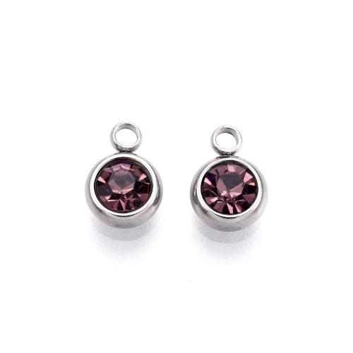 Birthstone Charms, Amethyst, February, Stainless Steel, Silver, 8.5mm - BEADED CREATIONS