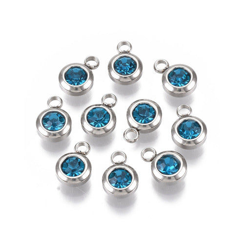 Birthstone Charms, Blue Zircon, December, Stainless Steel, Silver, 9mm - BEADED CREATIONS