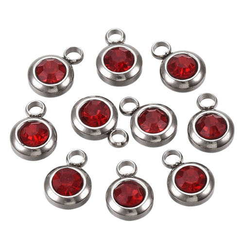 Birthstone Charms, Garnet, January, Stainless Steel, Silver, 9mm - BEADED CREATIONS