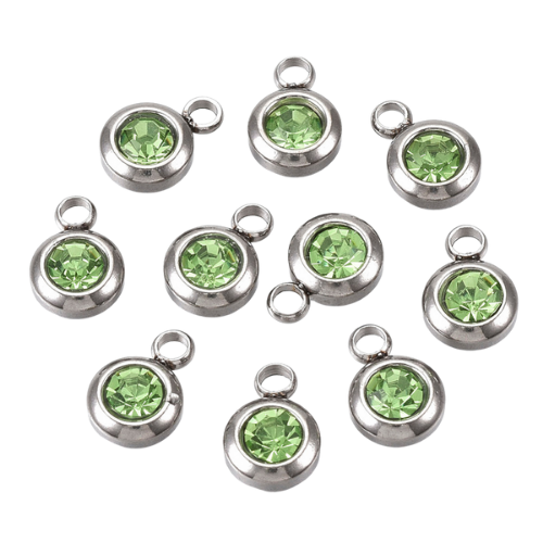 Birthstone Charms, Peridot, August, Stainless Steel, Silver, 9mm - BEADED CREATIONS