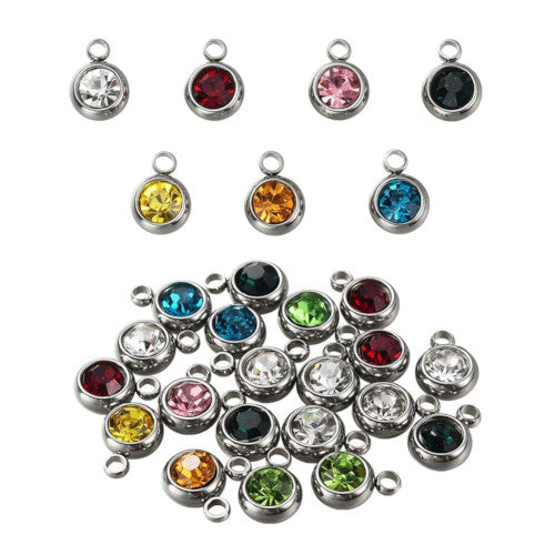 Birthstone Charms, Round, Stainless Steel, Mixed Colors, 8.5mm - BEADED CREATIONS