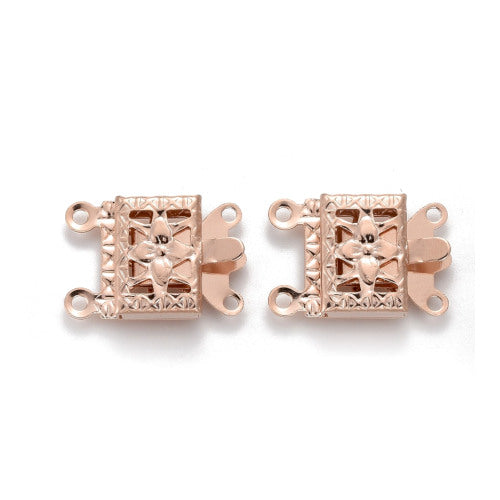 Box Clasps, 2-Strand Tab, Floral Design, Stainless Steel, Rose Gold, 15mm - BEADED CREATIONS