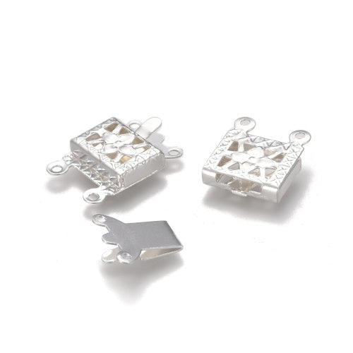 Box Clasps, 2-Strand Tab, Floral Design, Stainless Steel, Silver Plated, 15mm - BEADED CREATIONS