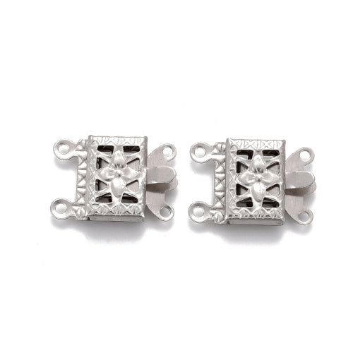 Box Clasps, 2-Strand Tab, Floral Design, Stainless Steel, Silver, 15mm - BEADED CREATIONS