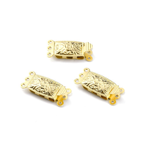 Box Clasps, 3-Strand Tab, Heart Motif, Stainless Steel, 24K Gold Plated, 20mm - BEADED CREATIONS