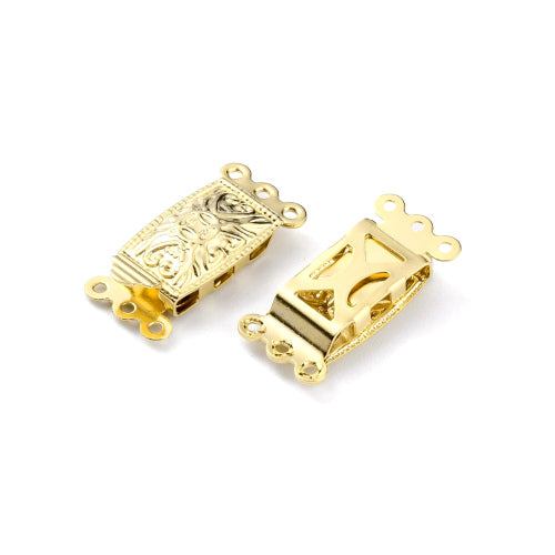 Box Clasps, 3-Strand Tab, Heart Motif, Stainless Steel, 24K Gold Plated, 20mm - BEADED CREATIONS