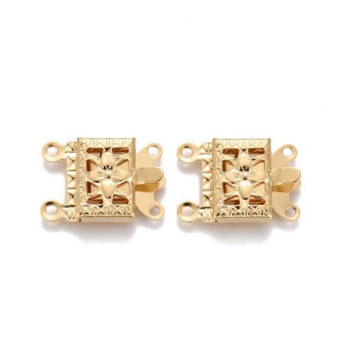 Box Clasps, 304 Stainless Steel, Rectangle, With Flower Design, 2-Strand Tab, 24K Gold Plated, 15x10mm - BEADED CREATIONS