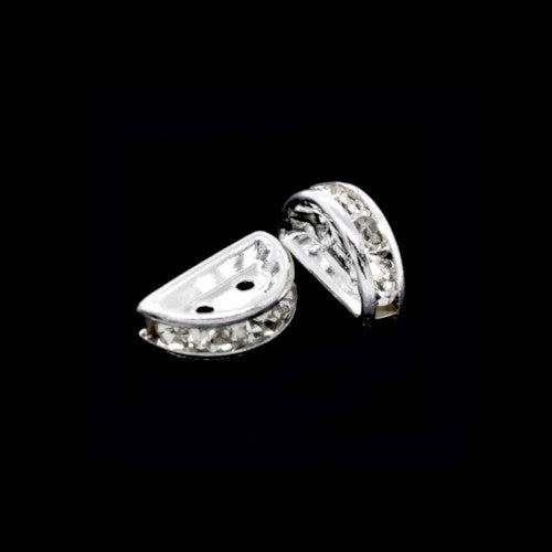 Bridge Spacer Beads, Half Moon, With Crystals, Silver Plated, 13mm - BEADED CREATIONS