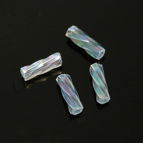 Bugle Beads, Dyna-Mites™, Glass, Transparent, Sky Blue, AB, 6mm, Twisted - BEADED CREATIONS