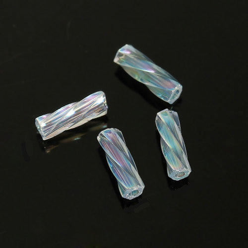 Bugle Beads, Dyna-Mites™, Glass, Twisted, Transparent, Rainbow, Alice Blue, 6mm - BEADED CREATIONS