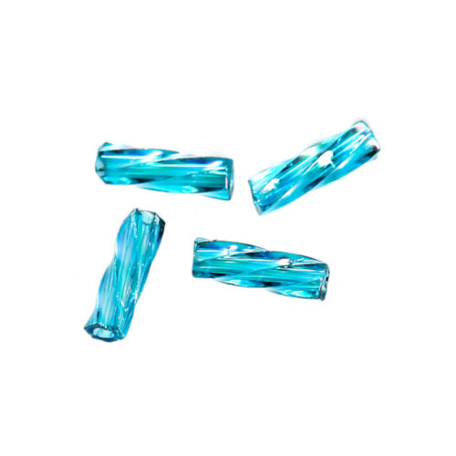 Bugle Beads, Dyna-Mites™, Glass, Twisted, Transparent, Rainbow, Blue-Green, 6mm - BEADED CREATIONS