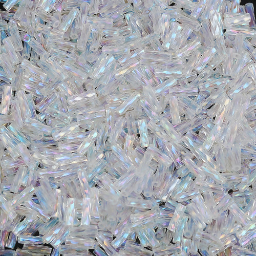 Bugle Beads, Dyna-Mites™, Glass, Twisted, Transparent, Rainbow, Clear, 6mm