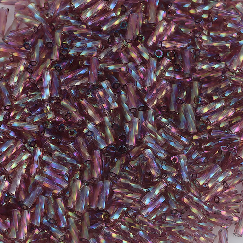 Bugle Beads, Dyna-Mites™, Glass, Twisted, Transparent, Rainbow, Lilac, 6mm - BEADED CREATIONS