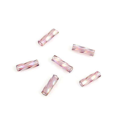 Bugle Beads, Dyna-Mites™, Glass, Twisted, Transparent, Rainbow, Lilac, 6mm - BEADED CREATIONS