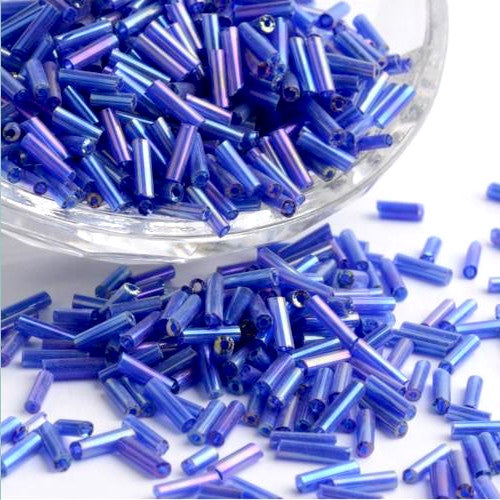 Bugle Beads, Glass, Transparent, Cobalt Blue, Rainbow, 6x1.8mm - BEADED CREATIONS