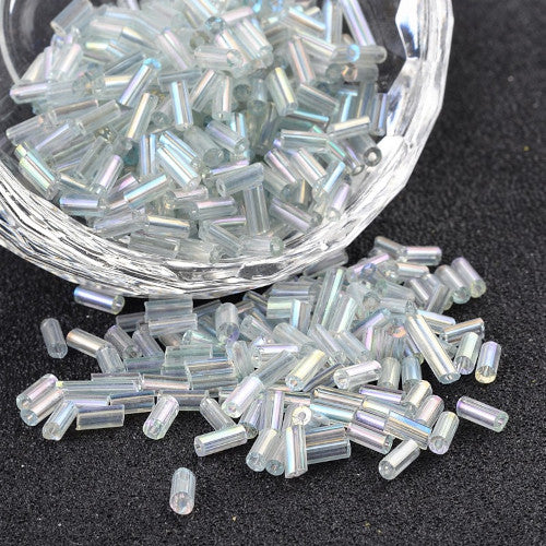 Bugle Beads, Glass, Transparent, Plated, Clear AB, 4.6-5mm - BEADED CREATIONS