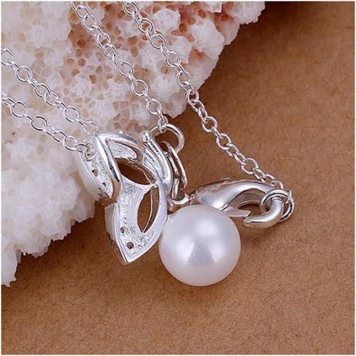 Butterfly Rhinestone Pearl Chain Necklace, Alloy, Silver Plated, 45.72cm - BEADED CREATIONS