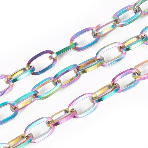 Cable Chain, Stainless Steel, Flat, Oval, Open Link, Ion Plated, Rainbow, 6.5x3.8mm - BEADED CREATIONS