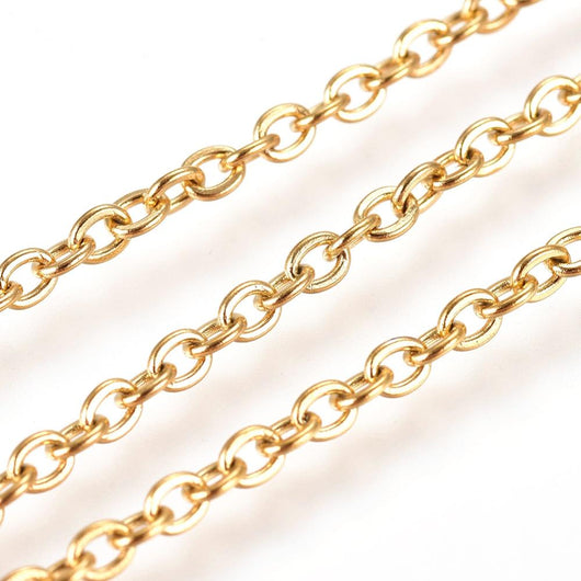 Cable Chain, Stainless Steel, Flat, Oval, Soldered, (IP), Gold, 2.5x2mm - BEADED CREATIONS