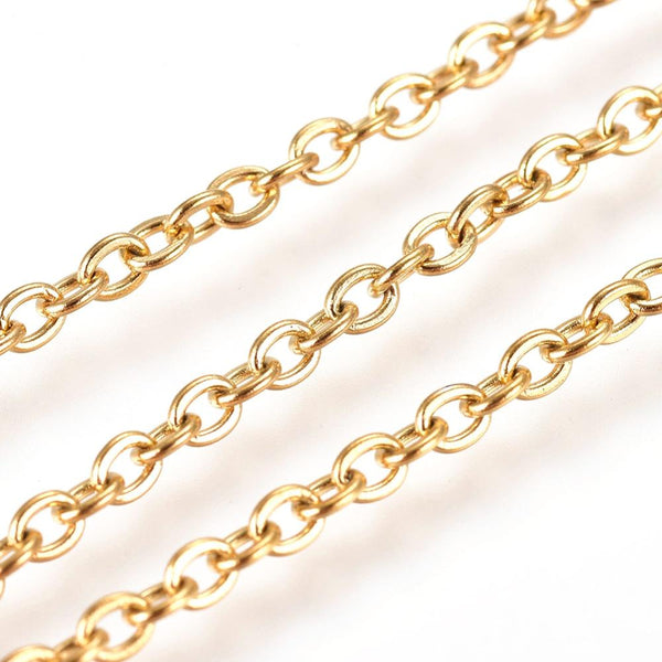Cable Chain, Stainless Steel, Flat, Oval, Soldered, (IP), Gold, 2.5x2mm - BEADED CREATIONS