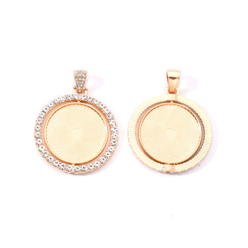 Cabochon Setting, Alloy, Rotatable Double-Sided Tray, Pendant Base, With Crystal Rhinestones, Flat, Round, Light Gold, Fits 30mm - BEADED CREATIONS