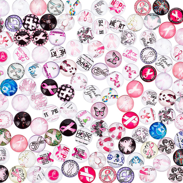 Cabochons, Glass, Dome, Seals, Flat Back, Mixed, Transparent, Breast Cancer, Awareness Ribbons, 12mm - BEADED CREATIONS