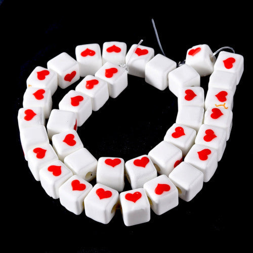 Ceramic Beads, Handmade, Cube With Heart, Glazed, White, Red, 9mm - BEADED CREATIONS