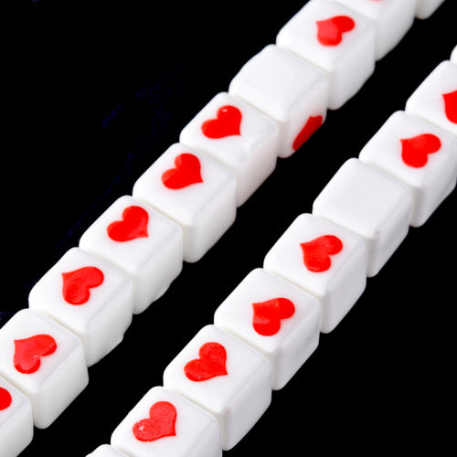 Ceramic Beads, Handmade, Cube With Heart, Glazed, White, Red, 9mm - BEADED CREATIONS