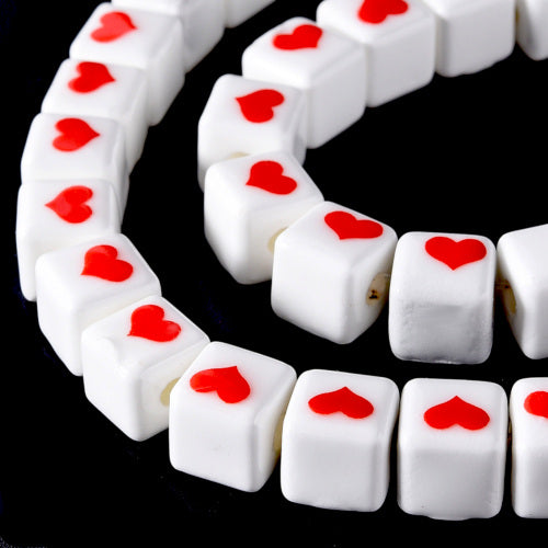 Ceramic Beads, Handmade, Cube With Heart, Glazed, White, Red, 9mm - BEADED CREATIONS