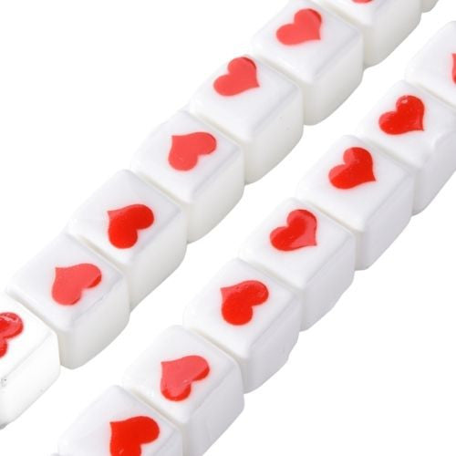 Ceramic Beads, Handmade, Cube With Heart, Glazed, White, Red, 9mm - BEADED CREATIONS