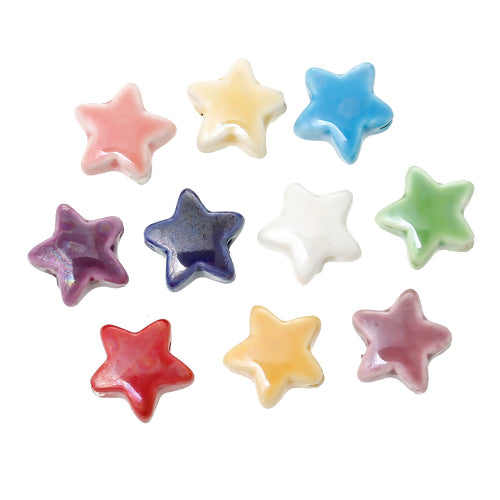 Ceramic Beads, Handmade, Star, Glazed, Mixed Colors, 15mm - BEADED CREATIONS