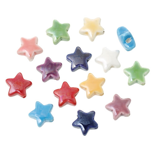 Ceramic Beads, Handmade, Star, Glazed, Mixed Colors, 15mm - BEADED CREATIONS