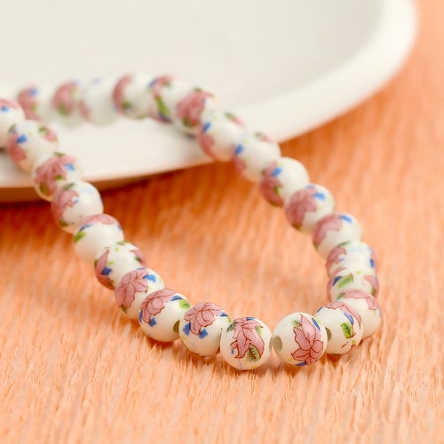 Ceramic Beads, Round, Floral, Pink, 8mm - BEADED CREATIONS