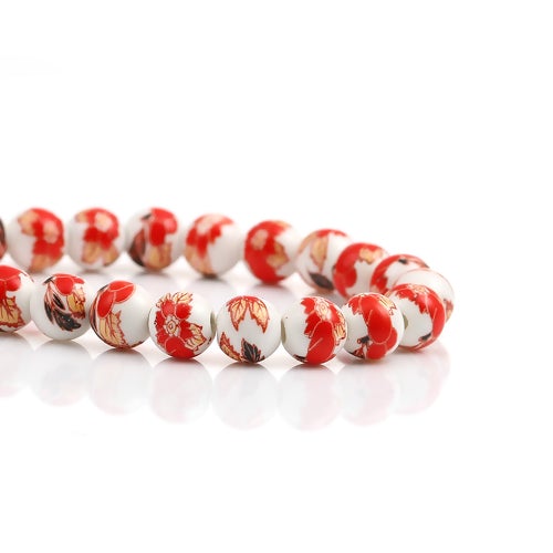 Ceramic Beads, Round, Floral, Red, White, 8mm - BEADED CREATIONS