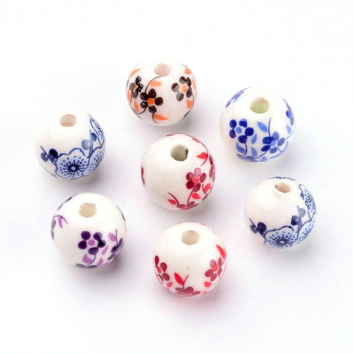 Ceramic Beads, Handmade, Floral, Round, Mixed Colors, 12mm - BEADED CREATIONS
