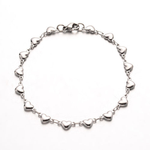 Chain Bracelets, Heart Link Chain, Stainless Steel, Silver, 21cm - BEADED CREATIONS