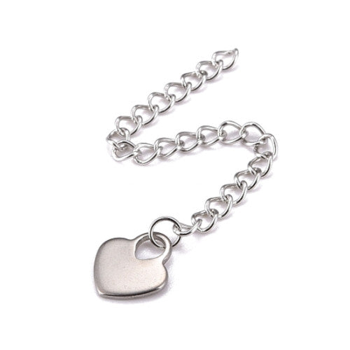 Chain Extenders, 304 Stainless Steel, Silver Tone, Curb Chain, With 202 Stainless Steel Heart, 59-65mm - BEADED CREATIONS