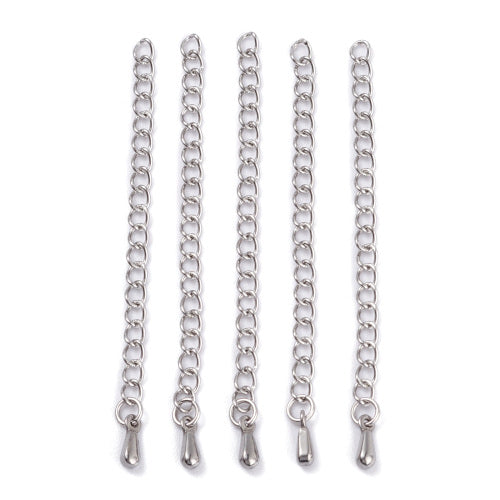 Chain Extender, 304 Stainless Steel, With Curb Chain And Teardrop, Silver Tone, 59mm - BEADED CREATIONS
