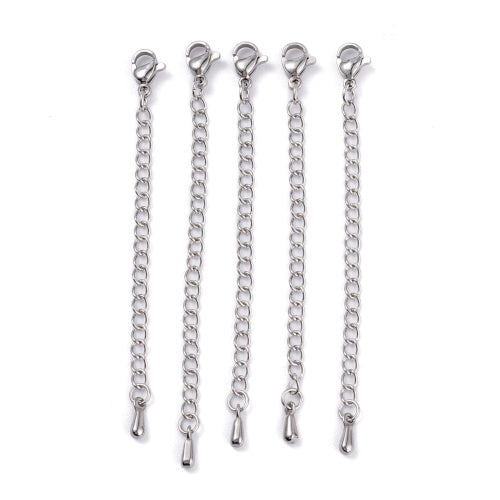Chain Extenders, 304 Stainless Steel, With Curb Chain, Lobster Claw Clasp And Teardrop, Silver Tone, 68.5mm - BEADED CREATIONS