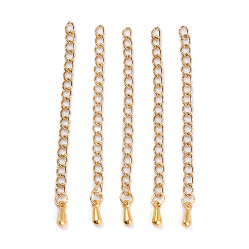 Chain Extenders, 304 Stainless Steel, With Soldered Curb Chain And Teardrop, Golden, 55-63mm - BEADED CREATIONS