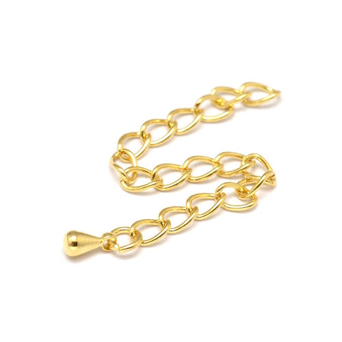 Chain Extenders, Brass, With Curb Chain And Teardrop, Golden, 65-70mm - BEADED CREATIONS