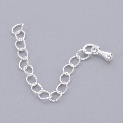 Chain Extenders, Iron, Curb Chain And Teardrop, Silver Plated, 6cm - BEADED CREATIONS