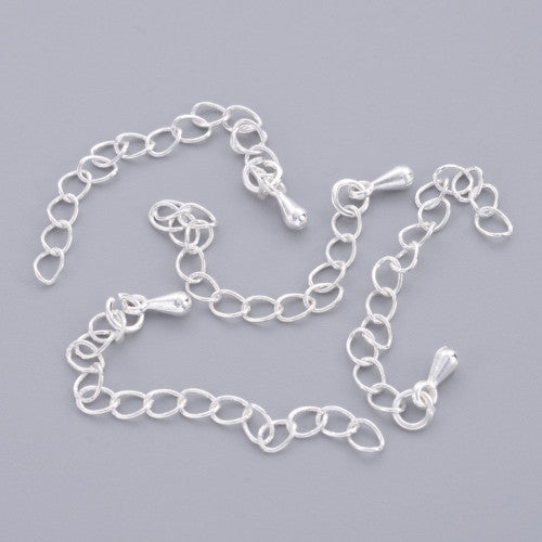 Chain Extenders, Iron, Curb Chain And Teardrop, Silver Plated, 6cm - BEADED CREATIONS