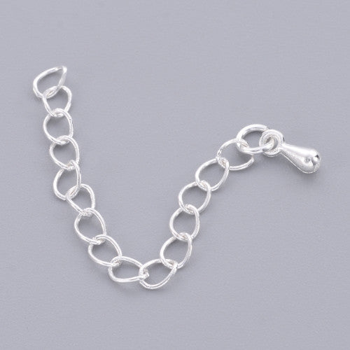 Chain Extenders, Iron, Curb Chain, With Teardrop, Silver Plated, 6cm - BEADED CREATIONS