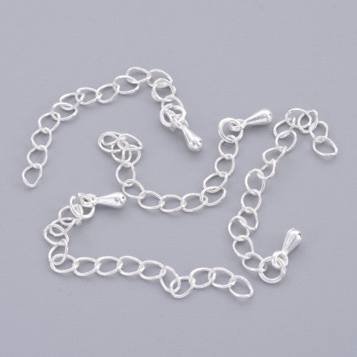 Chain Extenders, Iron, Curb Chain, With Teardrop, Silver Plated, 6cm - BEADED CREATIONS