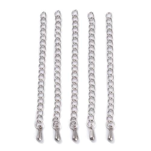 Chain Extenders, Stainless Steel, Curb Chain, With Teardrop, Silver, 59mm - BEADED CREATIONS