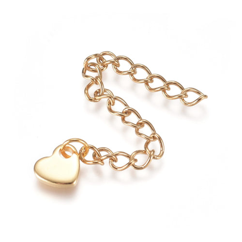 Chain Extenders, Stainless Steel, Curb Chain, With Heart, Golden, 60mm - BEADED CREATIONS