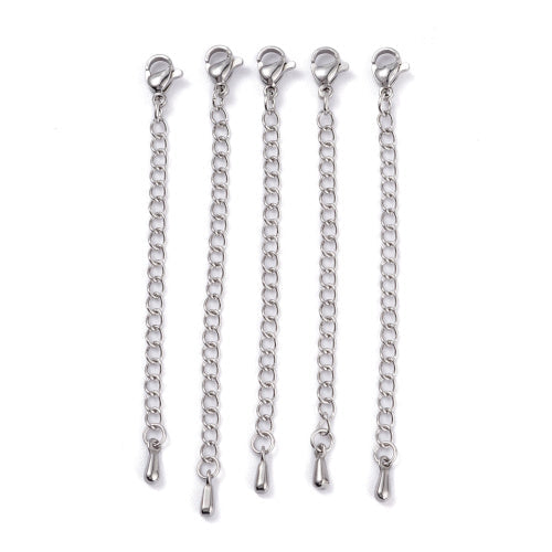 Chain Extenders, Stainless Steel, Curb Chain, With Lobster Clasp And Teardrop, Silver, 68.5mm - BEADED CREATIONS