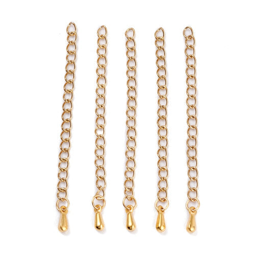 Chain Extenders, Stainless Steel, Curb Chain, With Teardrop, Golden, 55-63mm - BEADED CREATIONS